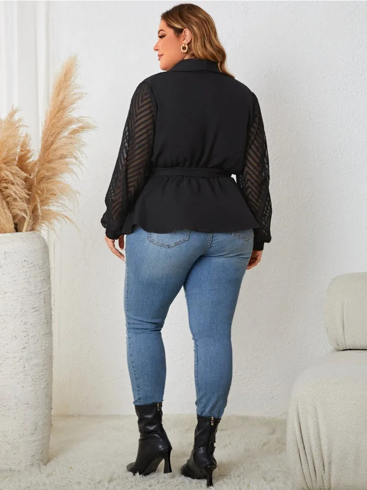 Plus Size Wrap V Neck Lace-Up Women Blouse See Through Long Sleeves