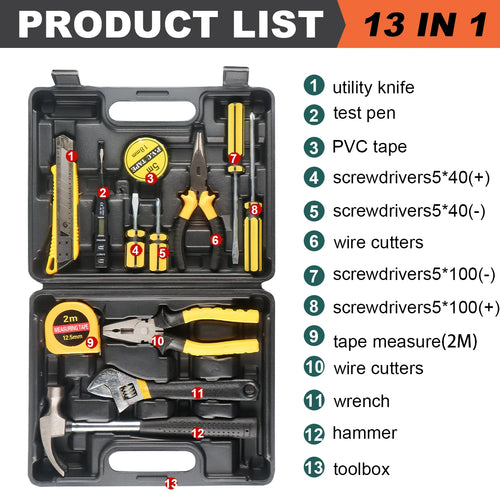 8/9/12/13Piece Tools Set General House hold Hand Tool Kit with Plastic