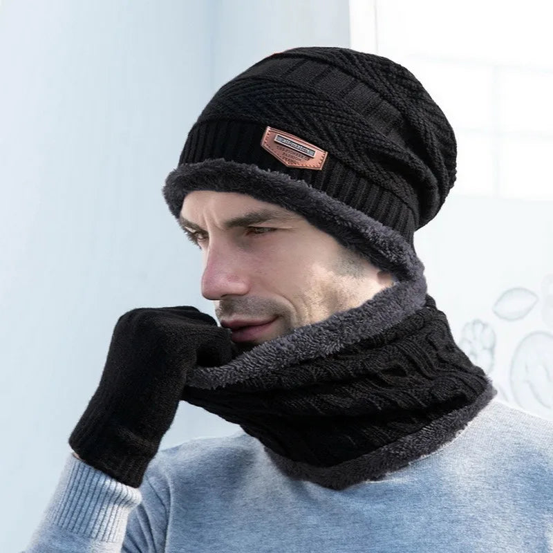 3 IN 1 Winter Knit Beanie Hat with Scarves And Touch Screen Gloves for