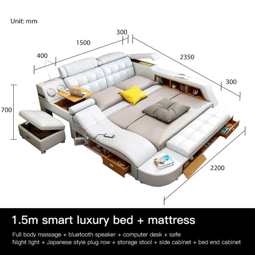 Multifunctional Master Bedroom Leather Queen Double Size Bed Modern