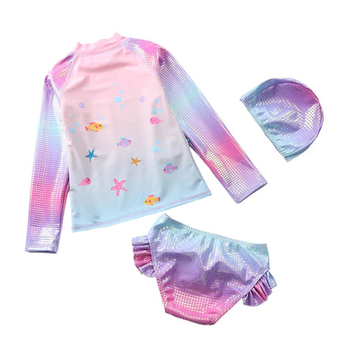 Kids Girls Swimsuit Two Piece With Swimming Cap Long Sleeve Bathing