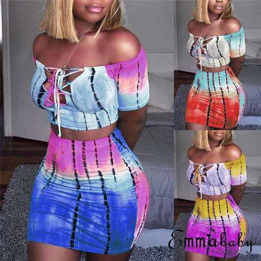 Sexy Women 2 Piece Outfits Set Off Shoulder Crop Top And Bodycon Mini