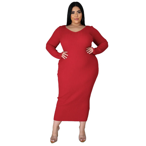 Plus Size Solid Color Long Sleeve Rib Pit Knit Cotton Mid-Calf Dress