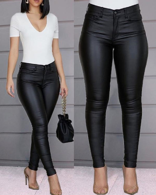 Women PU Leather Pants Black Sexy Stretch Bodycon Trousers Women High