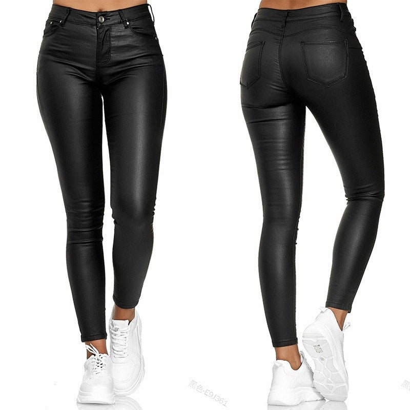 Women PU Leather Pants Black Sexy Stretch Bodycon Trousers Women High