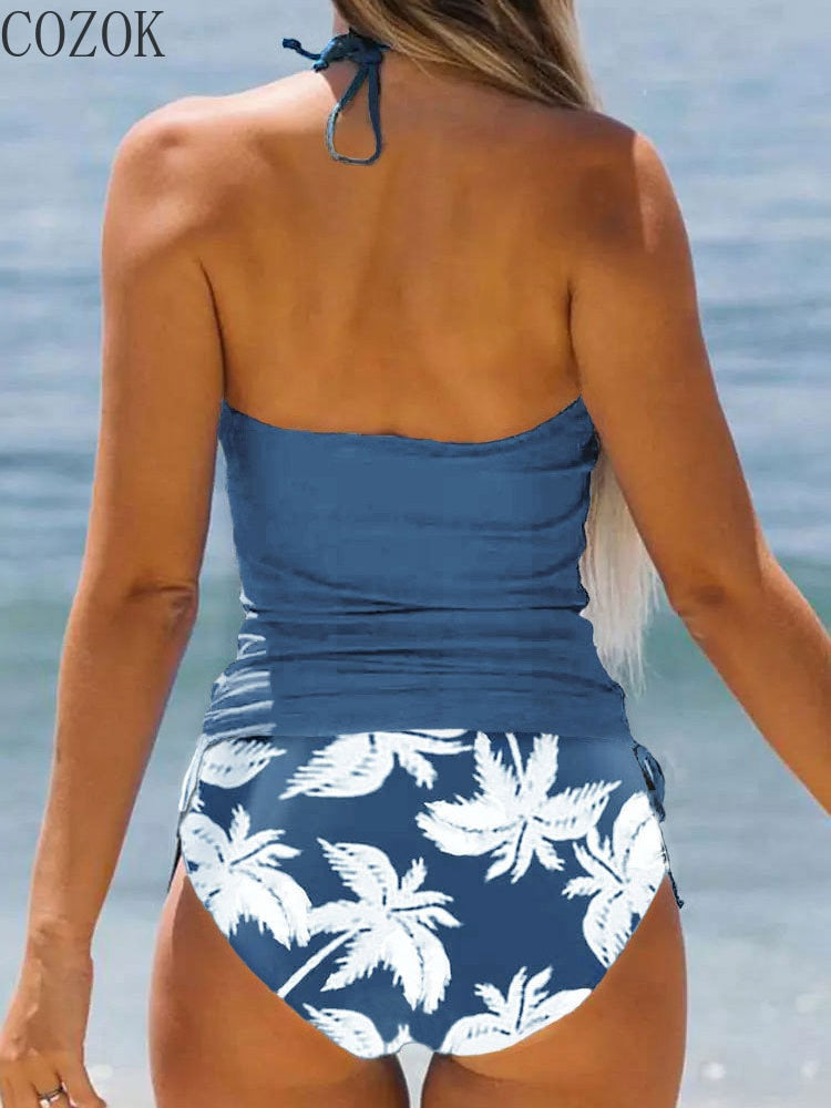 Women's Bathing Suit Coconut Drawstring Side Halter Neck Tankini Set