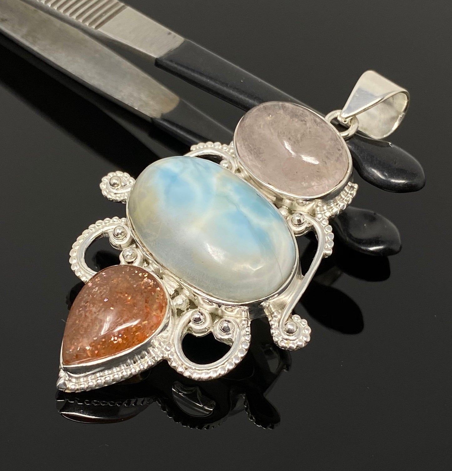Gemstone Pendant - Larimar, Morganite and Sunstone , Wire Wrapped