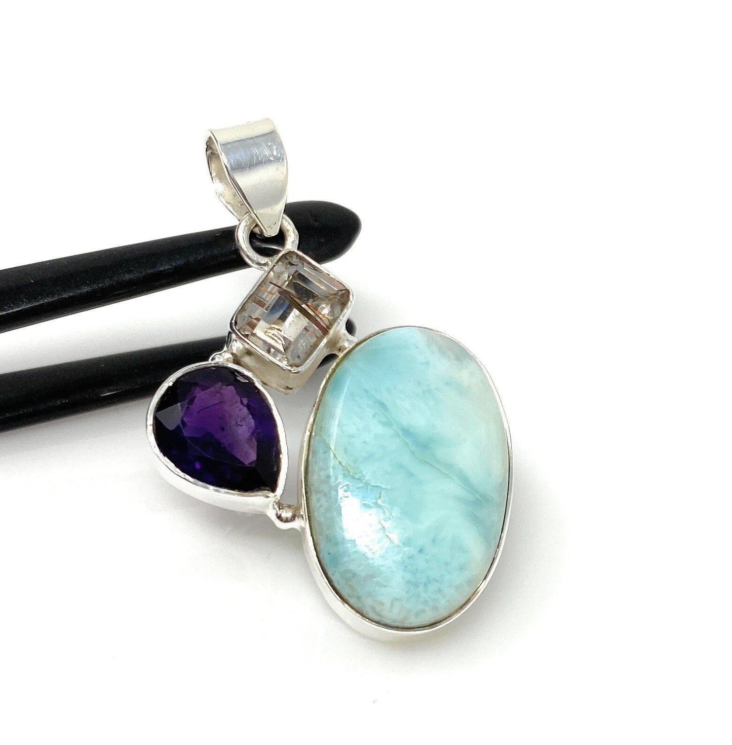 Sterling Silver Larimar Pendant with Golden Rutile and Amethyst, Gemst