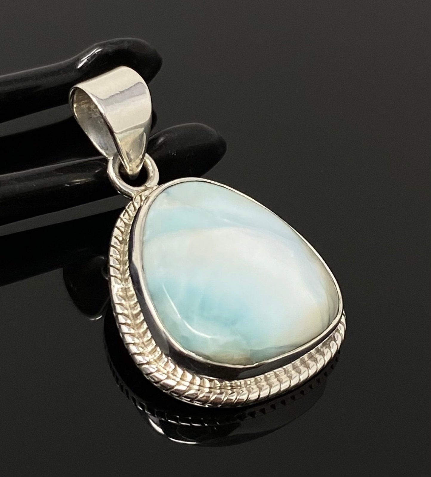 Natural Larimar Gemstone Pendant, Bohemian Jewelry, Sterling Silver Pe