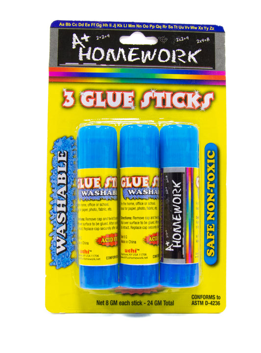 A+ Homework Glue Sticks - Washable, 0.28 oz each, 3 Pack